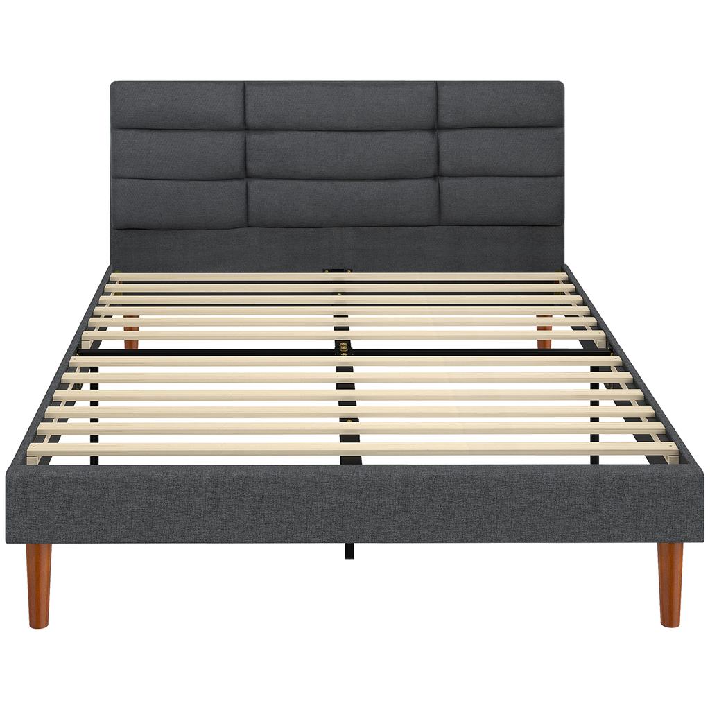 Bed Frame 140 X 200 Cm With Wooden Slatted Base Double Bed Upholstered In Linen Effect Storage Underneath Noise Free Gray