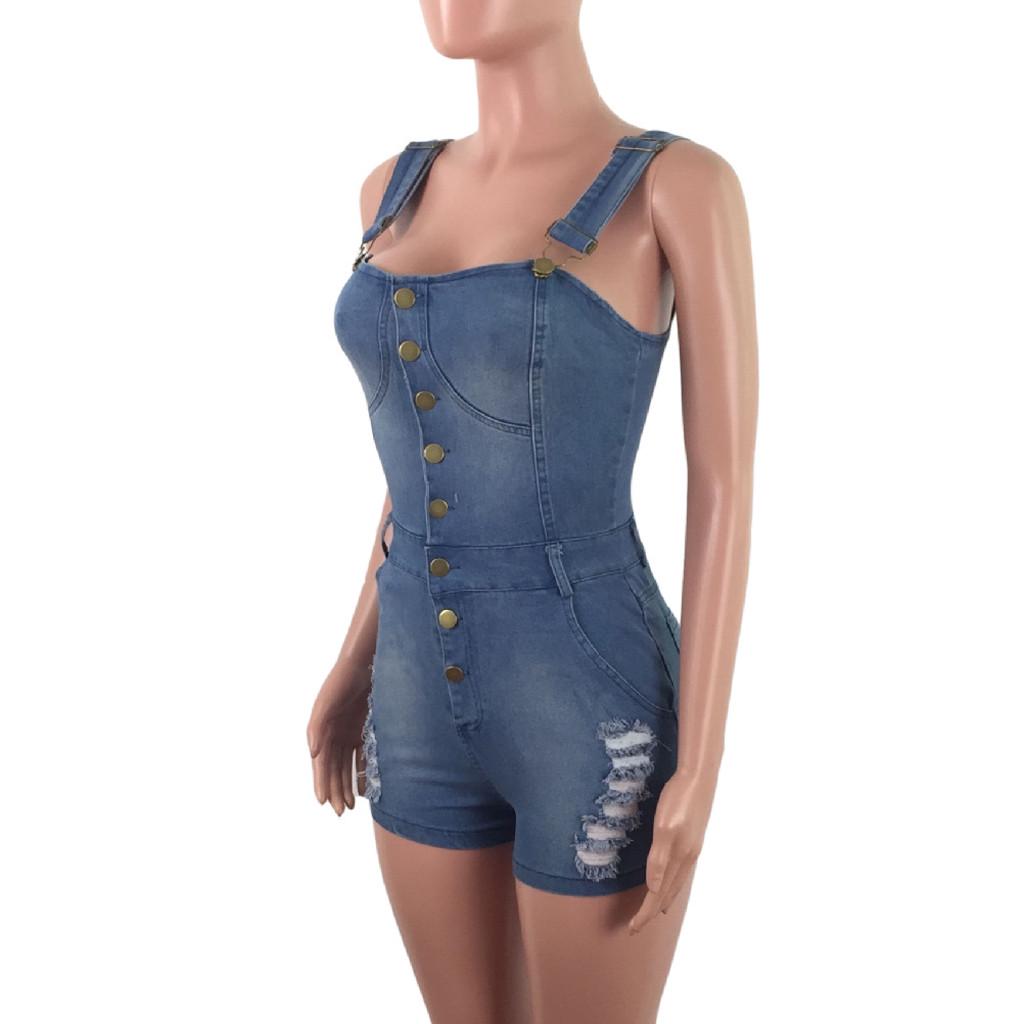 Women Jeans Cropped Pants Overalls Jumpsuits Poled Distressed Casual Fit