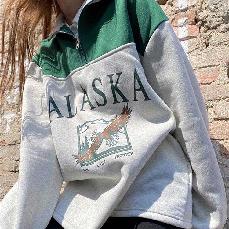 Vintage Fermuarlı Kadın Sweatshirtleri Sokak Giyimi Mektup Baskılı Kapşonlular Kadın Temellere Dönüş Bol Sweatshirt Polarlı