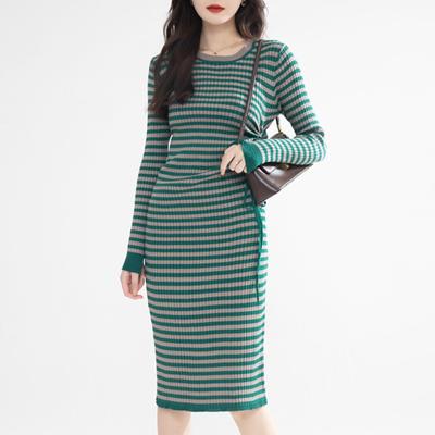 Women's Fashion Autumn Winter Stripe Print Long Sleeve O-Neck Slim Casual Dresses