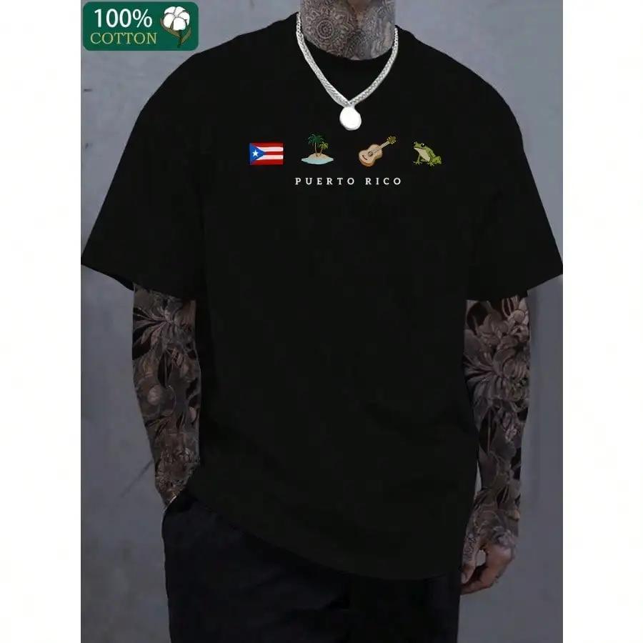 Mens Puerto RicoInspired Cotton TShirt Black With Cultural Symbols Comfortable Breathable Casual Round Neck Short Sleeve