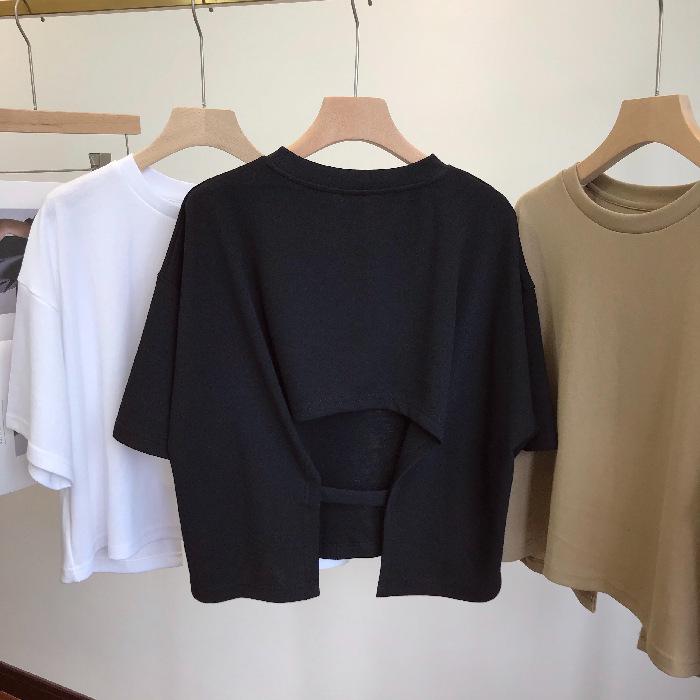 

2024 Корейский стиль Женская футболка с открытой спиной и круглым вырезом с коротким рукавом: Сладкая и пряная летняя мода M чёрный