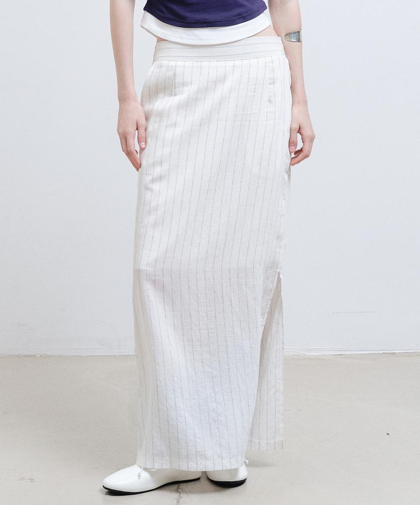 Nigaennikol Linen Stripe Long Skirt_Ivory