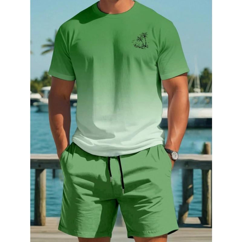 New Gradient Color T-shirt Shorts 2-pcs Set Short Sleeve T-shirts Elastic Waist Shorts Set Pocket Hawaiian Men's Beach Swimsuit