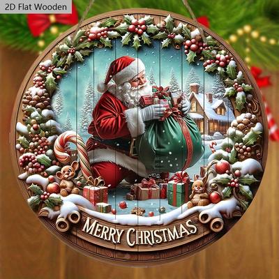 Rustikální vánoční dřevěný nápis se vzorem Santa Clause - Kulatý nápis Veselé Vánoce pro vchodové dveře, Dekorace na zavěšení na zeď - Ideální vánoční dekorace
