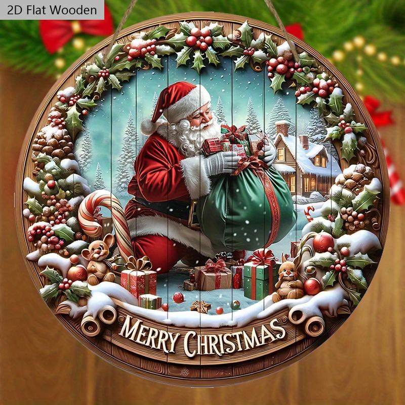 Rustic Christmas Wooden Sign with Santa Claus Pattern - Merry Christmas Round Sign for Front Door, Wall Hanging Decor - Ideal Christmas Decoration