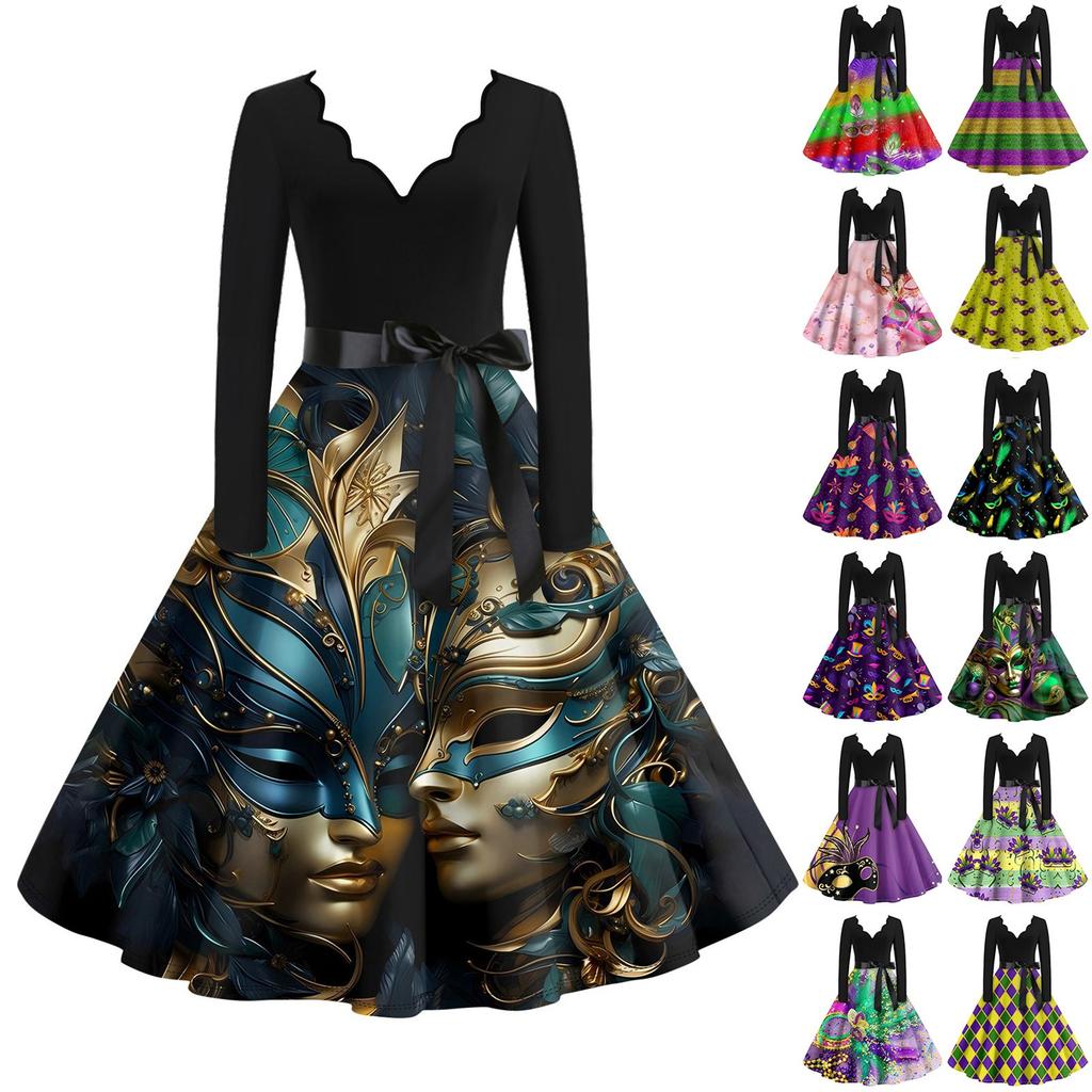 Women's Casual Fashion V Neck Long Sleeve  Printed Vintage Long  Dress