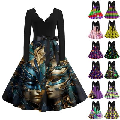 Women's Casual Fashion V Neck Long Sleeve  Printed Vintage Long  Dress