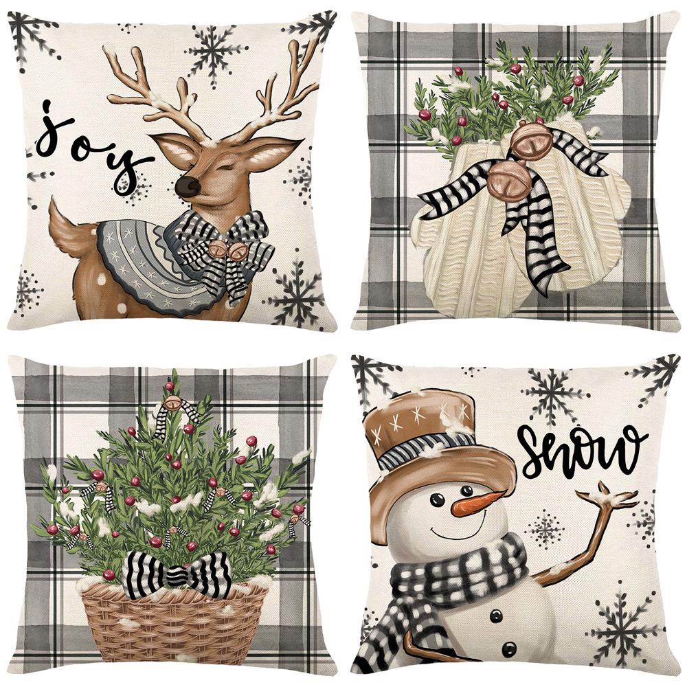 New Linen Christmas Pillowcase with Santa Claus and Reindeer Design