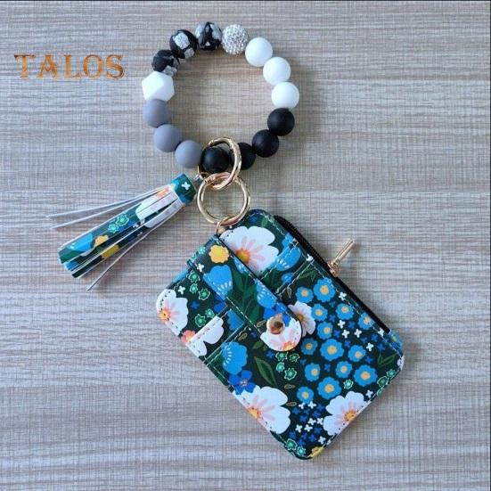 Ladies Floral Wristlet Wallet Boho Style Coin Purse Keychain with Tassel Elastic Beaded Wristlet Wallet with ID Card Window for Shopping Travel Daily
