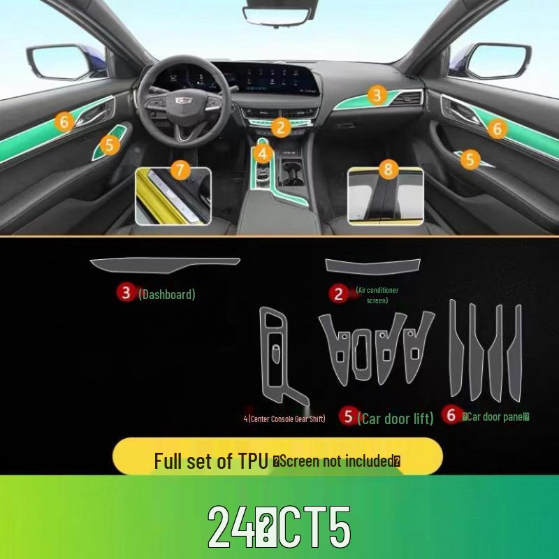 Cadillac CT5 Interior Protection Film Set: TPU Gear Shift, Center Console, and Navigation Screen Films.