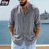 Herren Leinenmischung Mandarin-Kragen Hemd - Langarm Button-Up Lässig Lockerer Schnitt Strandurlaub Oberteil in Unifarben Beige