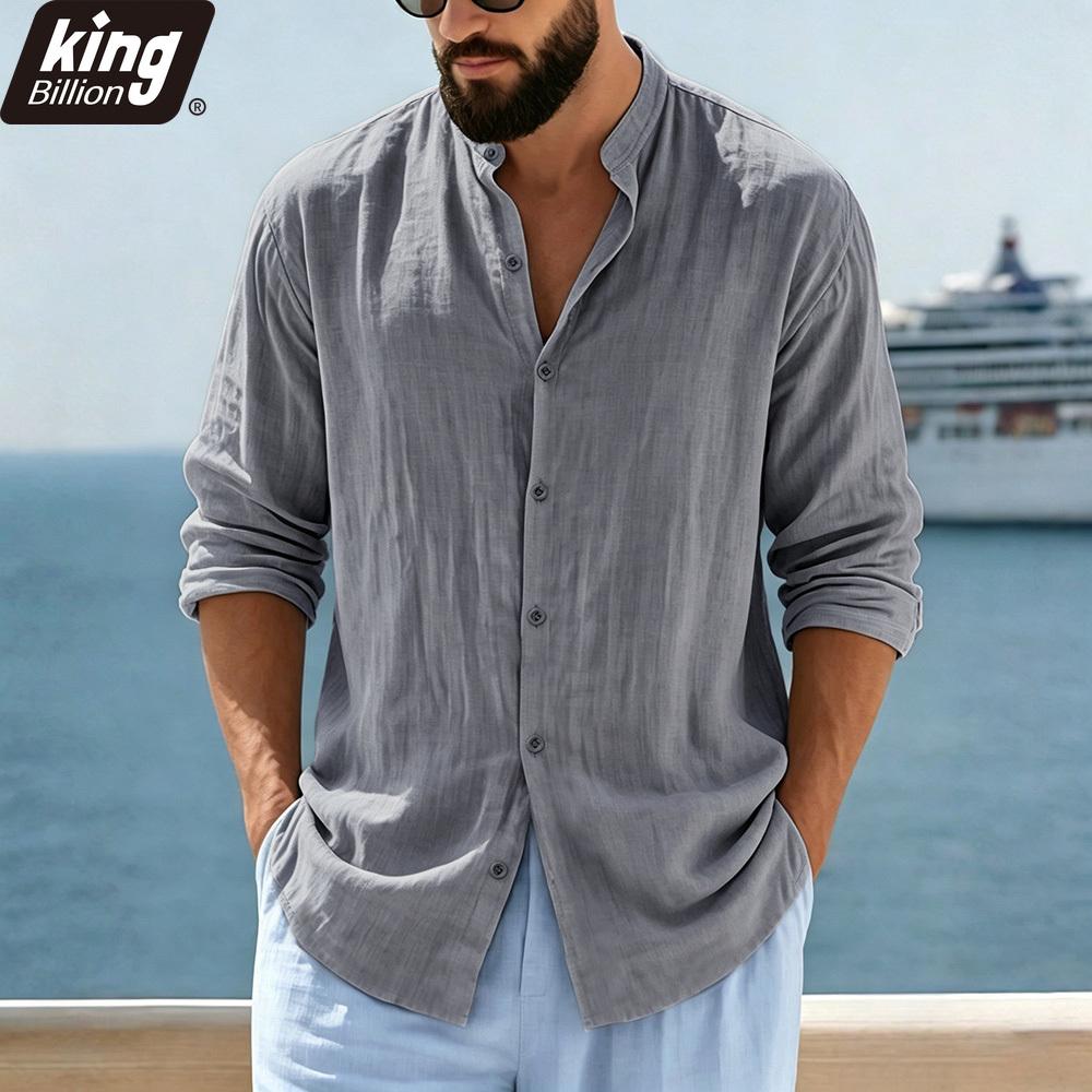 Herren Leinenmischung Mandarin-Kragen Hemd - Langarm Button-Up Lässig Lockerer Schnitt Strandurlaub Oberteil in Unifarben Beige
