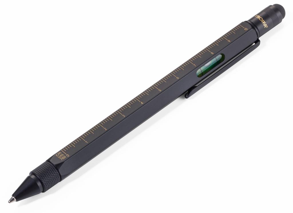 TROIKA Ballpoint Pen with Centimeter and Inch Black Gold Multi-Function Ruler, Level, Construction,