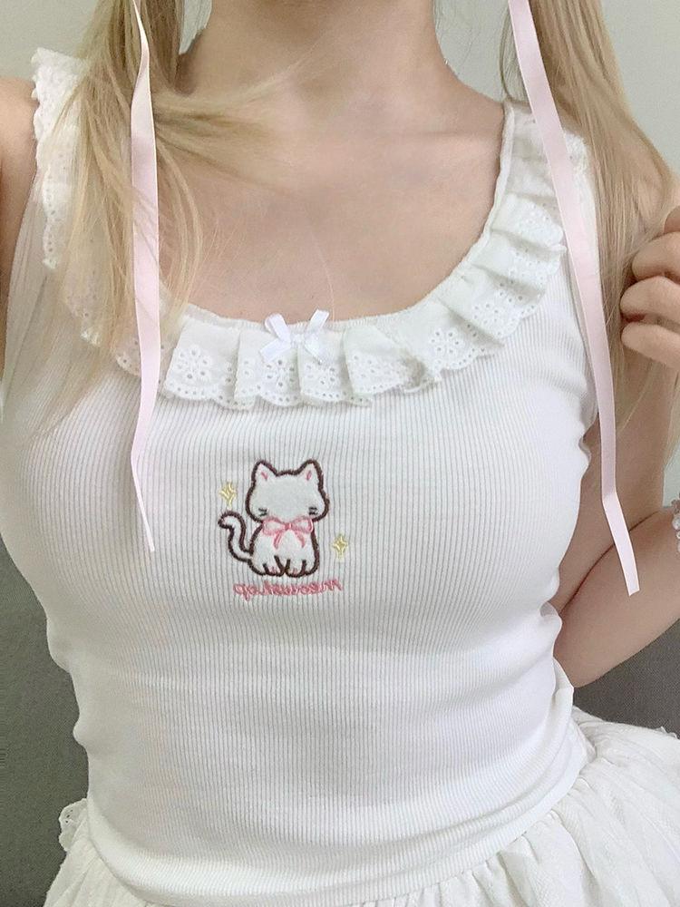 Kawaii Cat Embroidery Tank Tops Women Coquette Aesthetic Cute Crop Tops Harajuku Y2k Sweet Girl White Halter Top Summer