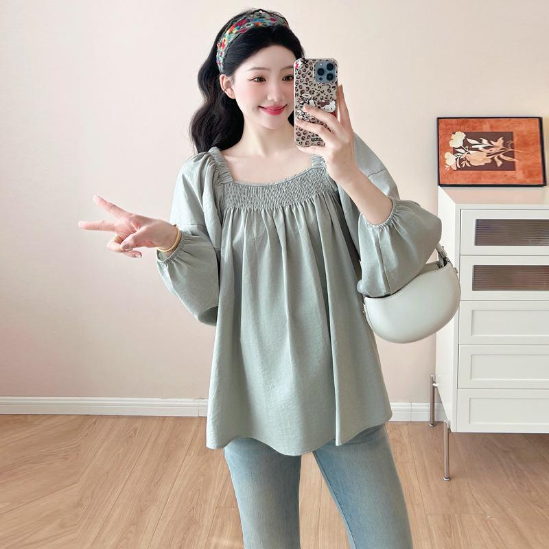 

2026 Spring/Autumn Maternity French Square Neck Cotton-Linen Pleated Doll Shirt L