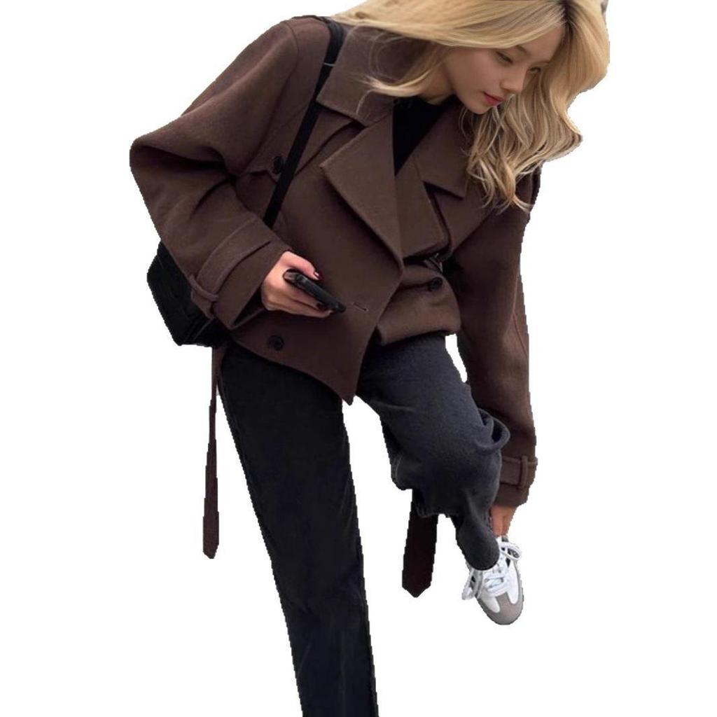 European and American Cross-Border Women's Tie-Waist Wool Coat: Autumn/Winter Long Sleeve Jacket