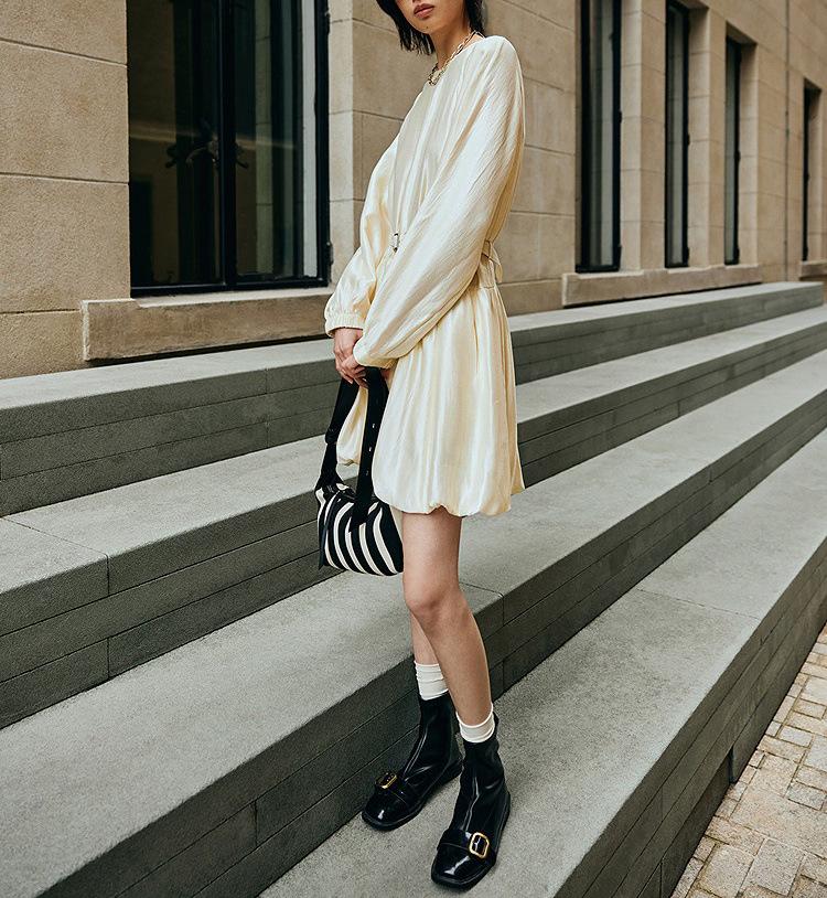 2026 Spring French Drape Puff Sleeve Belted Fluffy Skirt Dress for Women