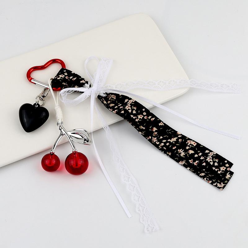 

Sweet Floral Lace Ribbon Bowknot Cherry Love Keychain Pendant Phone Charm Heart Keyring Elegant Woman Bag Hanging Ornament Gifts