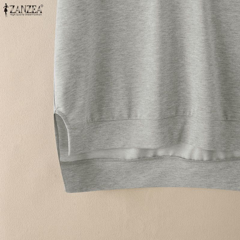 ZANZEA Damen Kapuze Einfarbig Kurzarm Reißverschluss High-Low Bluse T-Shirts
