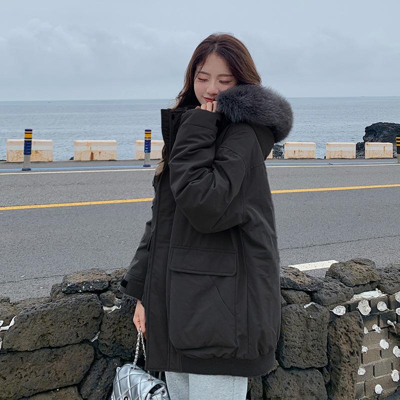 

Women s large pocket down cotton-padded jacket, new thickened large fur collar winter outdoor tooling cotton-padded jacket S чёрный