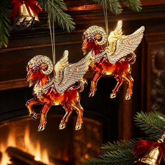 Festive Home Decorations 2Pcs 2D Goat Hanging Ornaments, Acrylic Winged Pendants, Year of Holiday Party Ornaments The Auspicious for Tree, Mantel, New