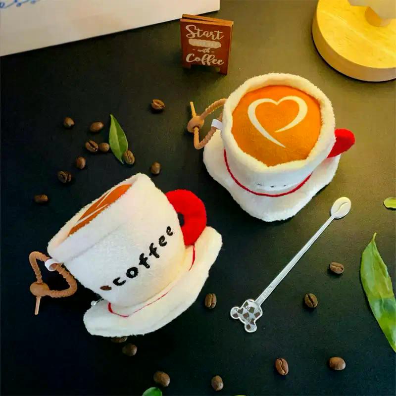 Cute Fun Simulation Coffee Cup Keychain Cartoon Stuffed Doll Toy Backpack Bag Pendant Decorative Car Key Chains Accessories Gift