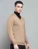 MONTE CARLO Mens Solid Khakhi V Neck Full Sleeve Pullover