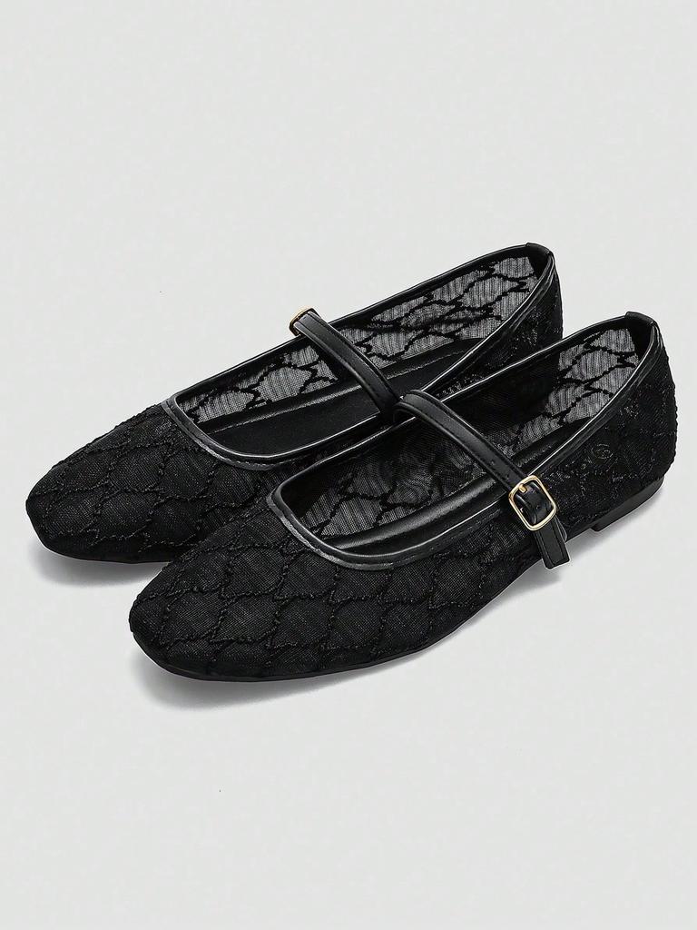 Women's Black Square Toe Ballet Mary Jane Flats with Geometric Square Pattern and Black Buckle Strap
