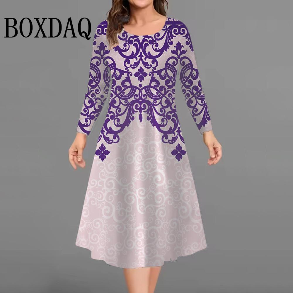 Plus Size Women Dresses Loose Casual Long Sleeve O-Neck Dress 3D Flowers Print Big Size Streetwear Clothing Ladies Dress
