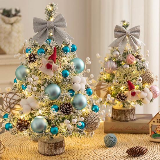 Mini Christmas Tree with LED Light Pre-lit Small Artificial Snow Flocked Tree with Ball Ornaments for Xmas Tabletop Indoor Holiday Decor
