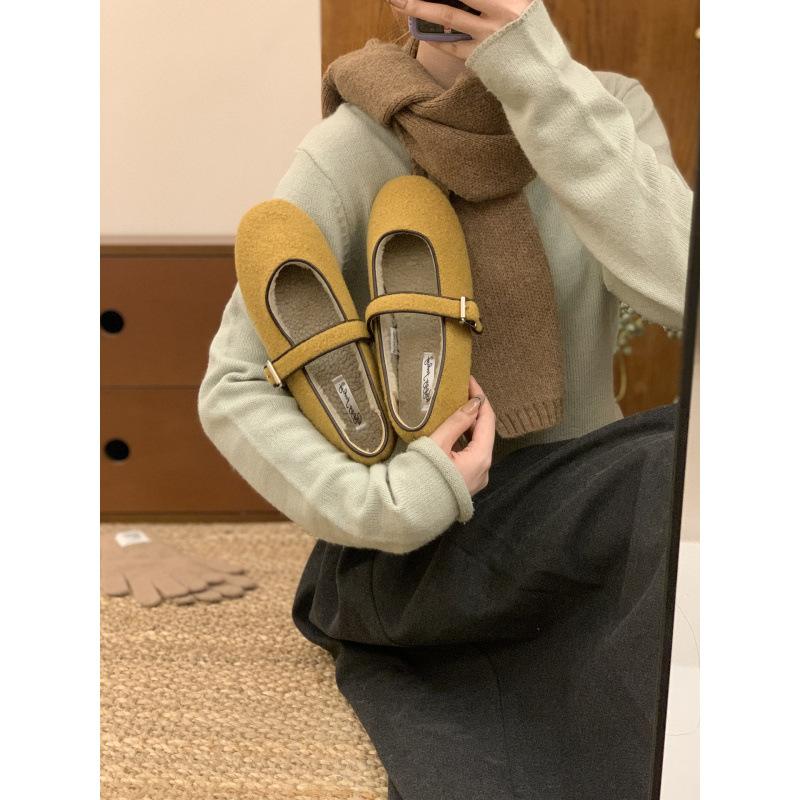 Happyfeeling retro velvet one-word with fluffy shoes women's 2025 Mary Jane single shoes warm cotton shoes