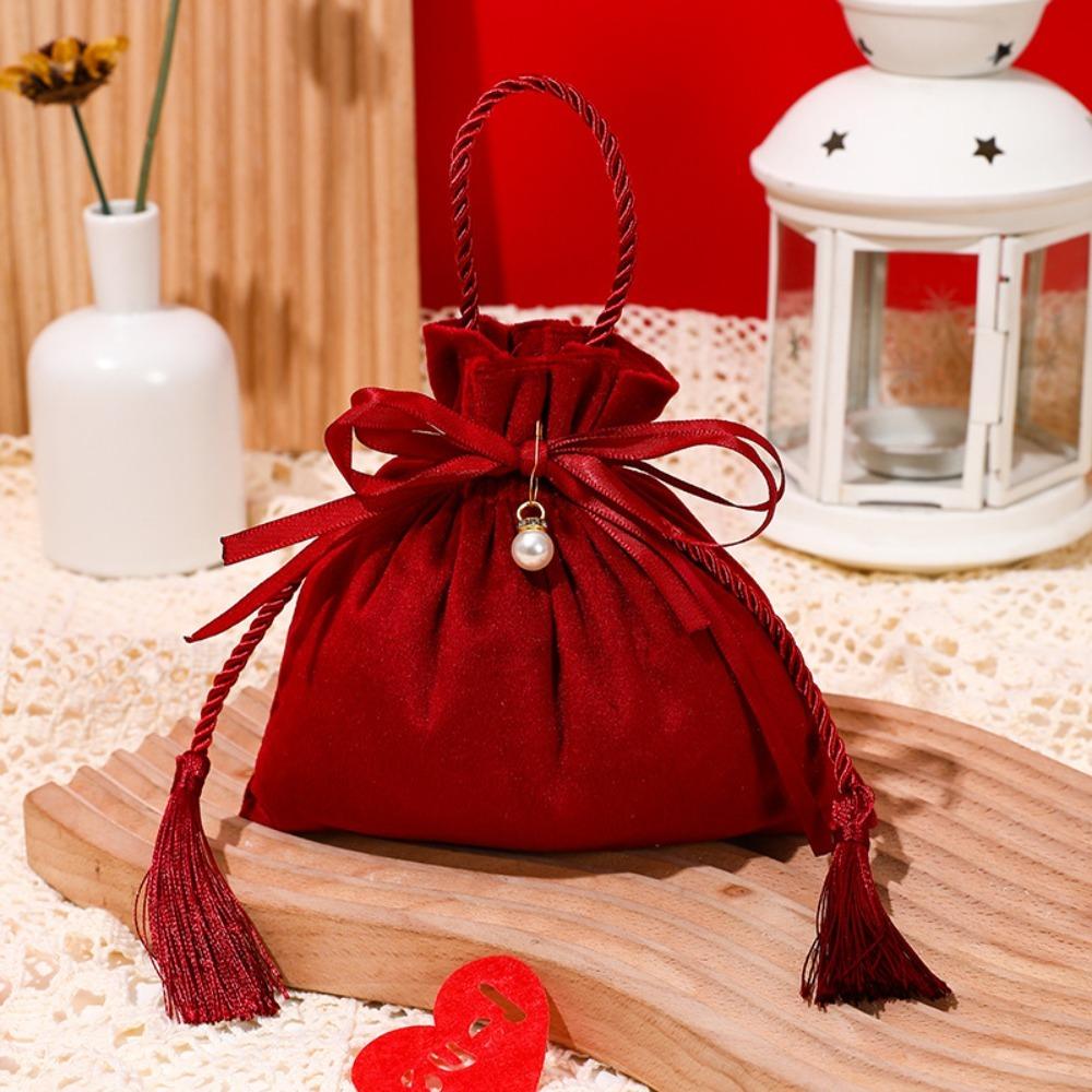 Red Wedding Candy Packaging Bags Velvet Drawstring Pouch Handbag Sweets Chocolate Packing Bag