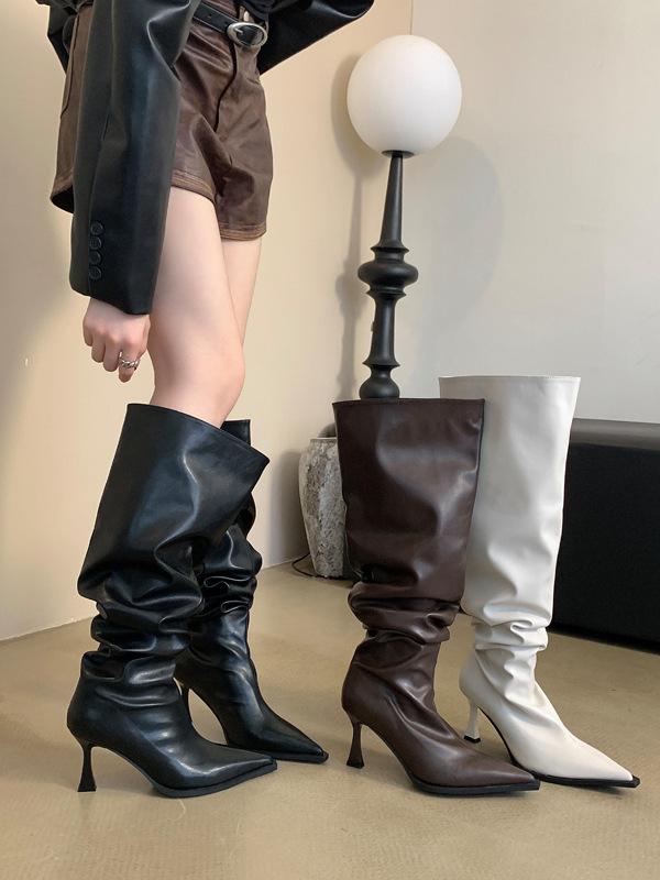 Spice girls pile boots super wide boots women's 2025 new thin pointed fashion high heel soft leather boots knee boots