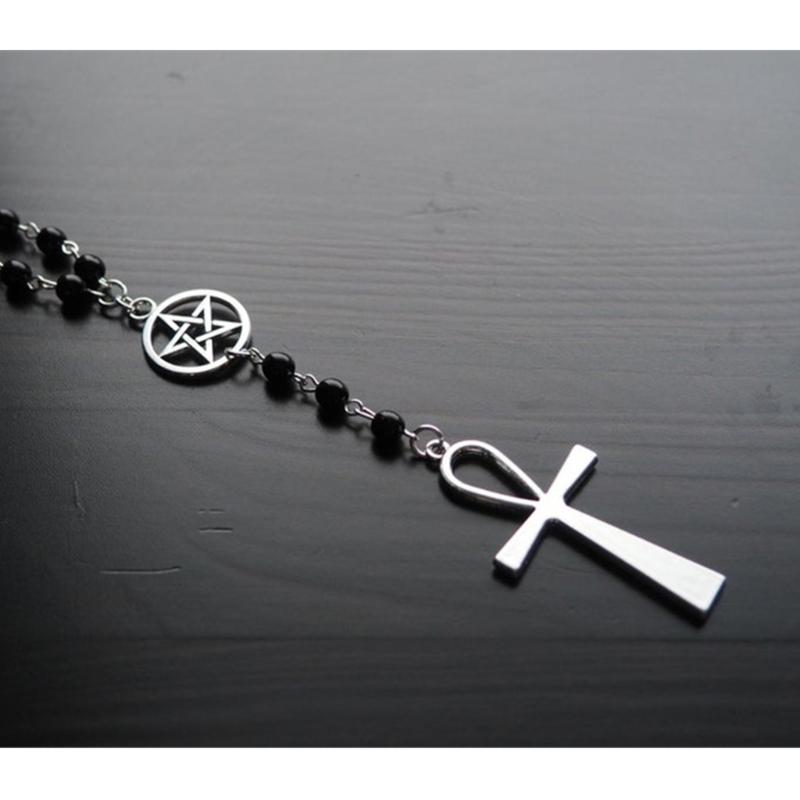 Egirl Jewelry Cool Black Beads Cross Star Pendant Necklace DIY Fashion Choker Y2K Necklace for Women Punk Accessory