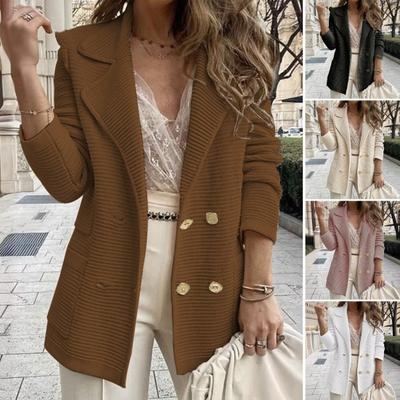 Kadın Uzun Kollu Tüvit Kruvaze Blazer Ceket Çentikli Yaka Ribanalı Açık Ön Cepli Sonbahar Montu