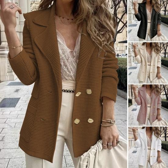 Women's Long Sleeve Tweed Double Breasted Blazer Jacket Notched Lapel Ribbed Open Front Fall Coat with Pockets