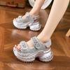 Fashion 8cm Air Mesh Microfiber Leather Platform Wedge Flats Summer Embed Crystal Peep Toe Fashion Women Sandal Slippers Pumps Shoes