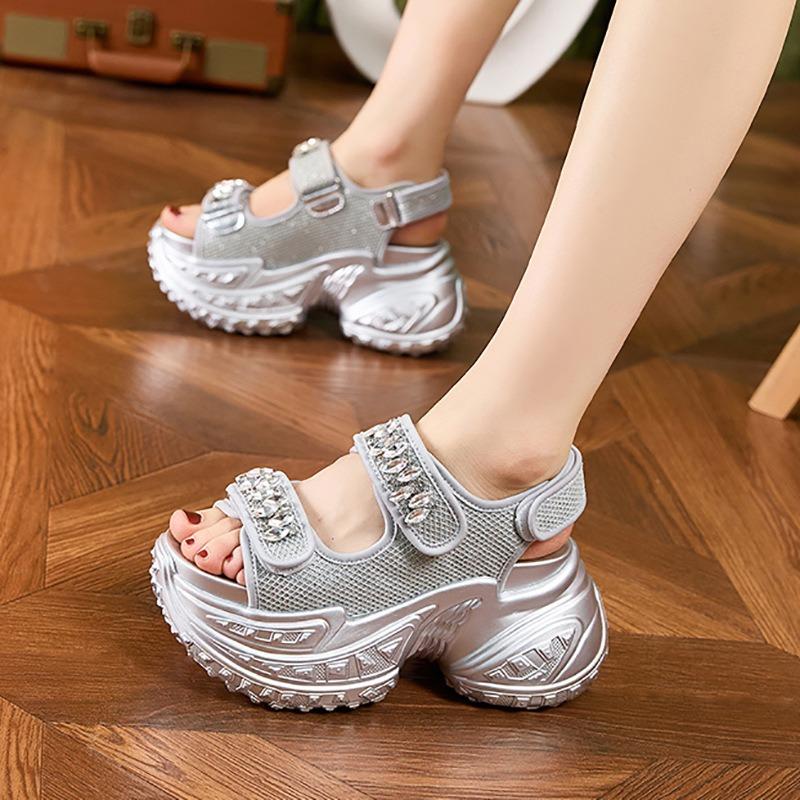 Fashion 8cm Air Mesh Microfiber Leather Platform Wedge Flats Summer Embed Crystal Peep Toe Fashion Women Sandal Slippers Pumps Shoes