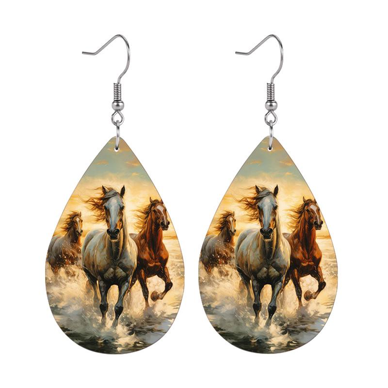 Ohrringe im Western-Cowboy-Stil mit Pferde-Sonnenblumen-Print aus PU für Frauen und Mädchen, Vintage Ohrhänger im westlichen Pastoralstil