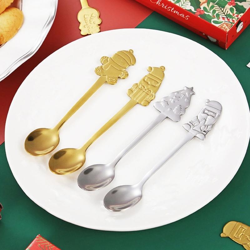 4Pcs Stainless Steel Christmas Coffee Spoons Christmas Trees Santa Tea Spoon Gingerbreads Man Dessert Drink Mixing Spoon