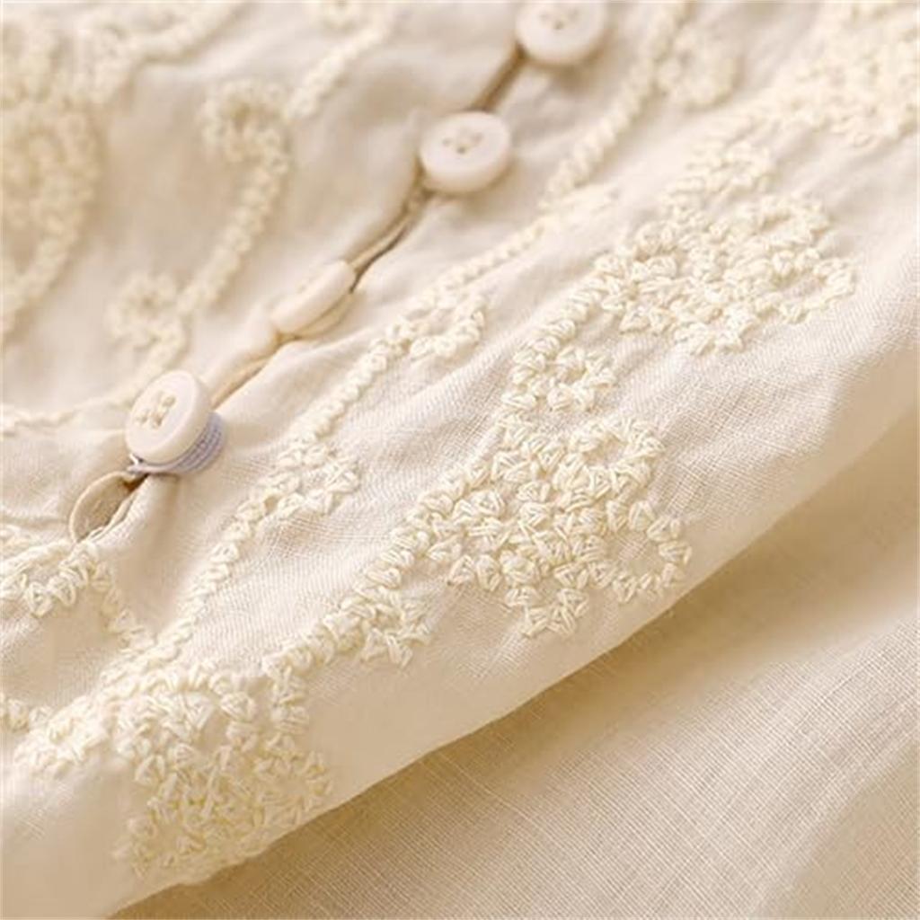 Women's Cotton And Linen Round Neck Embroidered Loose Five-quarter Sleeve Top