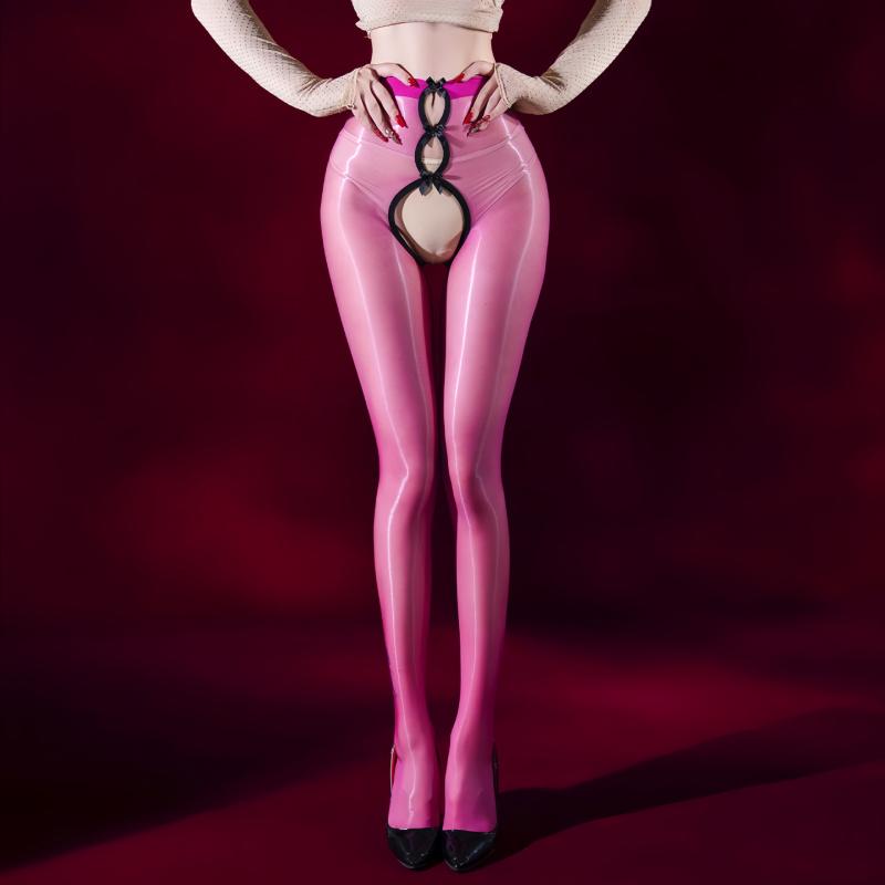 Sexy Bowknot Hollow Crotchless Aurora Stockings 3D Ultra-thin Glossy Silky See-through No-take-off Temptation Black Stockings