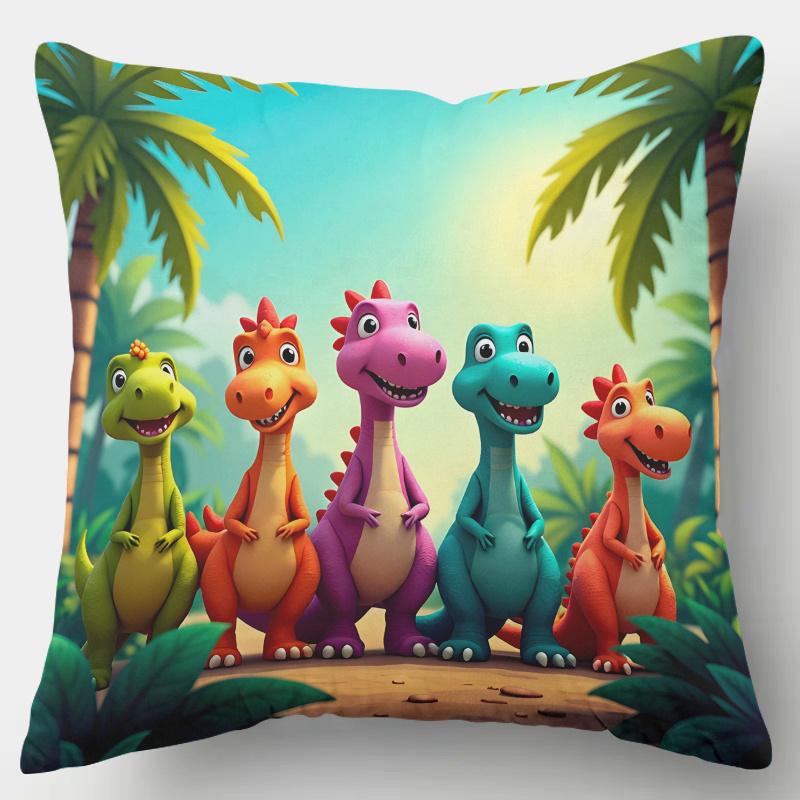 1Pc Cartoon Dinosaur Family Print Throw Pillow Cover,Suitable For Sofa,Bedroom,Kids Room,A Playful Gift For Little Dino Lovers