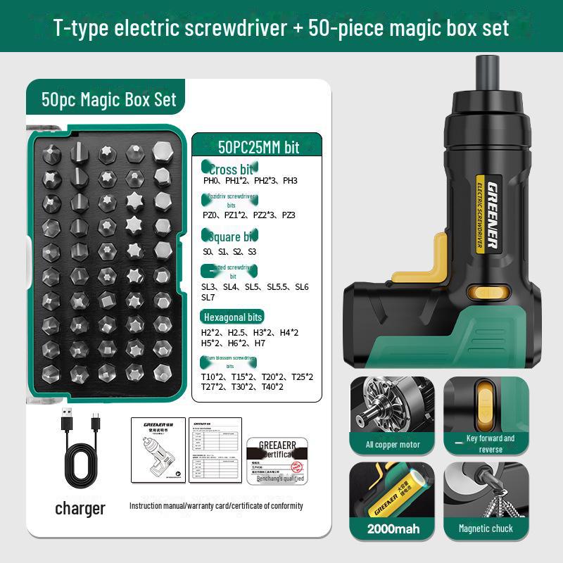 Set șurubelniță electrică reîncărcabilă tip T Green Forest & set de găurit