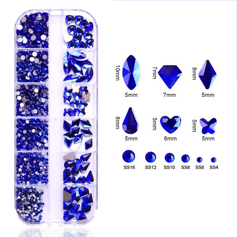 1200PC+ Sapphire Blue Nail Art Rhinestones 12grid Multi Shapes Crystal Gems Nail Charms Flatback Round Beads Glass Diamond Stone