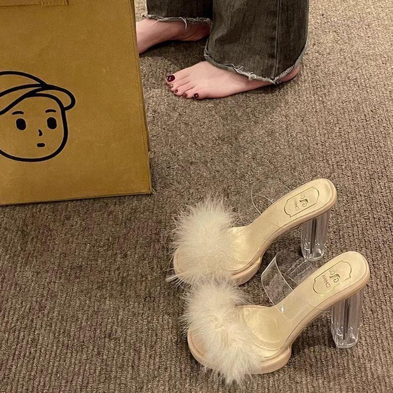 Transparent Crystal High Heels Fashion Temperament Fashion Platform Slippers 2025 Summer Thick Heel Open Toe Fluffy Shoes Sandals