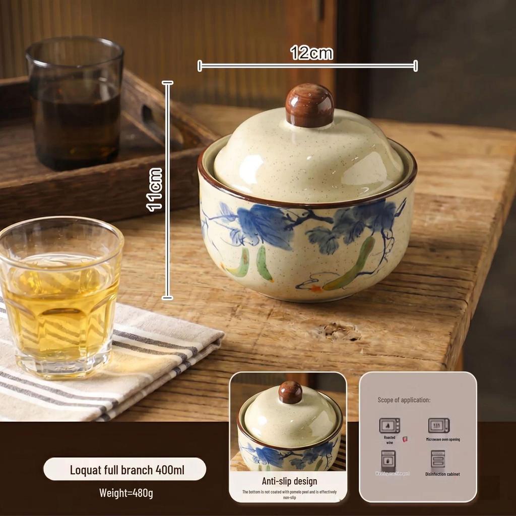 Retro Chinese Ink Wash Style Ceramic Stew Pot with Lid - Single Serving Double Boiler and Steamed Egg Bowl.