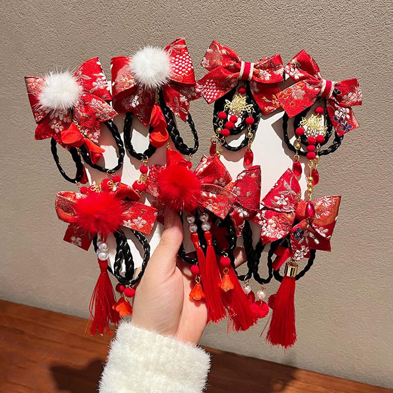 Red Children'S Hair Clip Chinese Style Hanfu Headwear Women'S Wig Tassel Hair Card Baby Hair Accessories