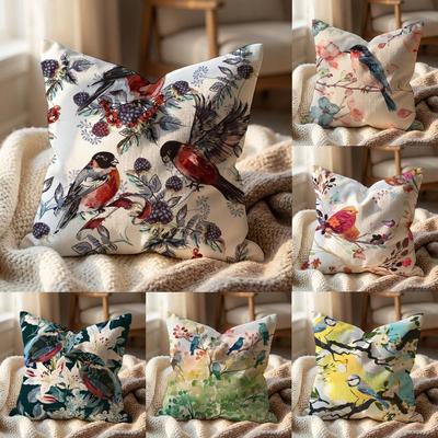Watercolor Birds Flowers Cushion Cover Multi-Scene Pillow Cover for Home & Car - Reversible, Soft & Durable for Daily Use